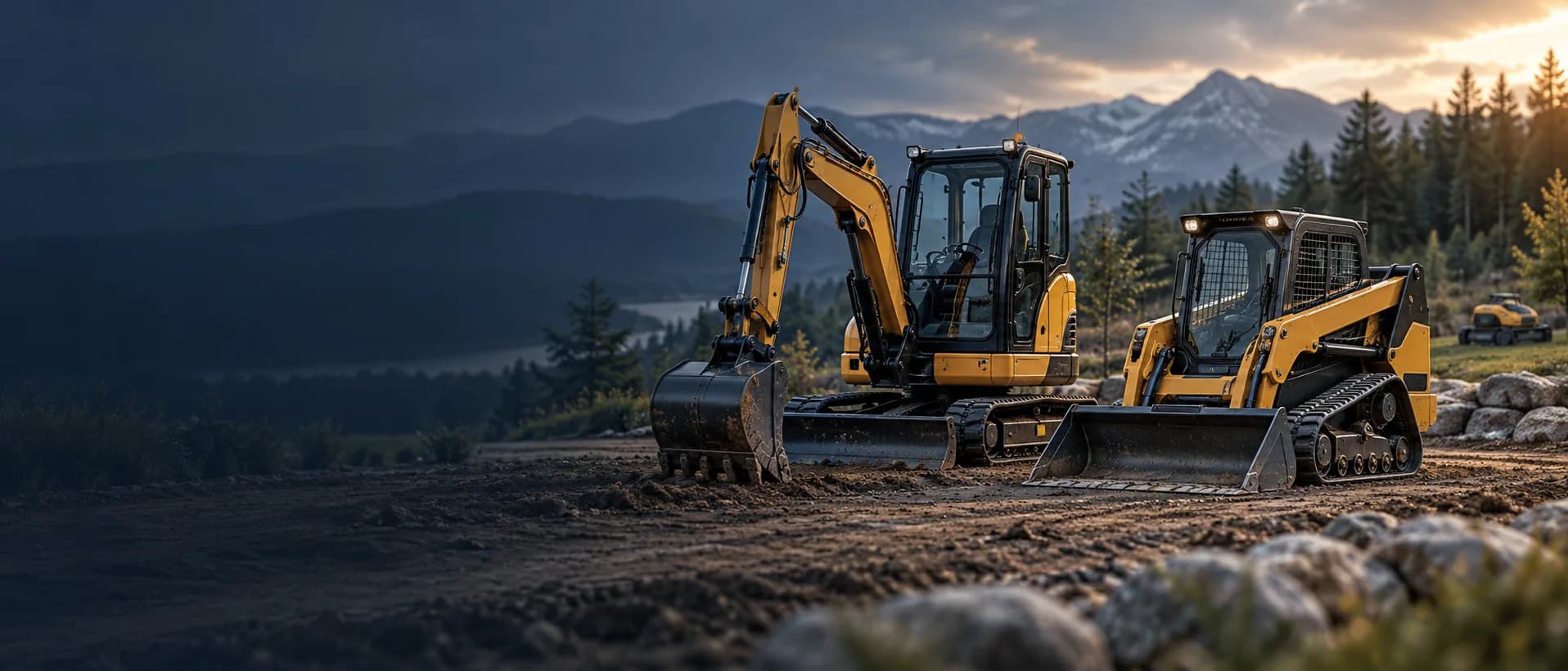 Mini excavator and tracked loader in an outdoor machinery setting